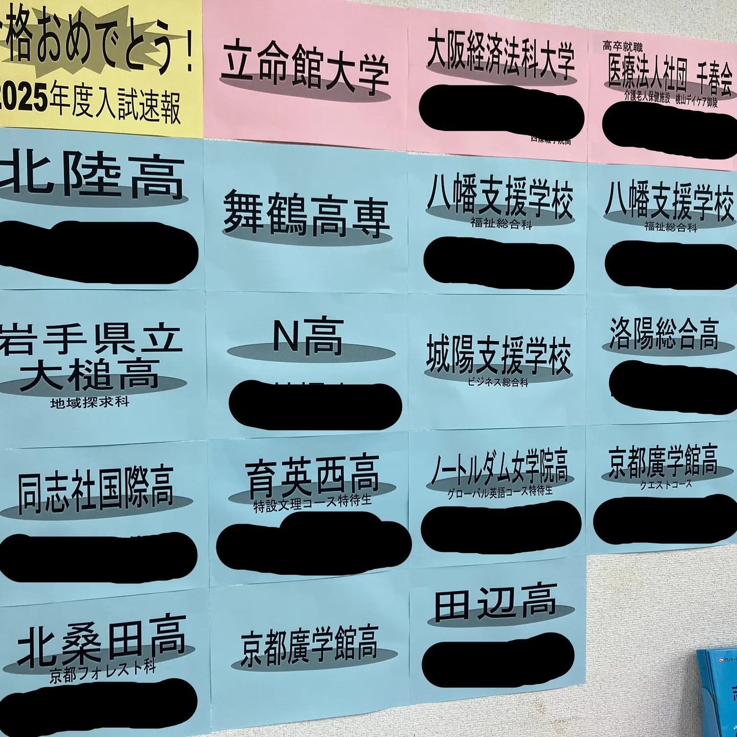 教室に掲示している、今年度入試実績の一部です。